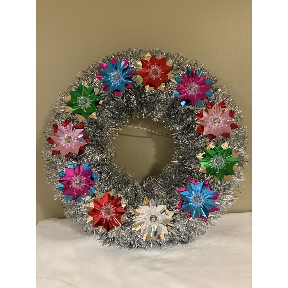 Mr Christmas 16" Silver Tinsel Lighted Wreath Retro Multicolor NWT Retro